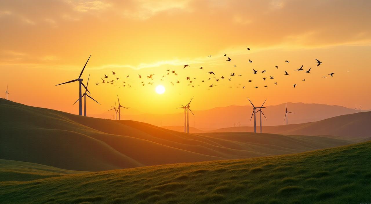 風力タービンと美しく舞う鳥たちの風景